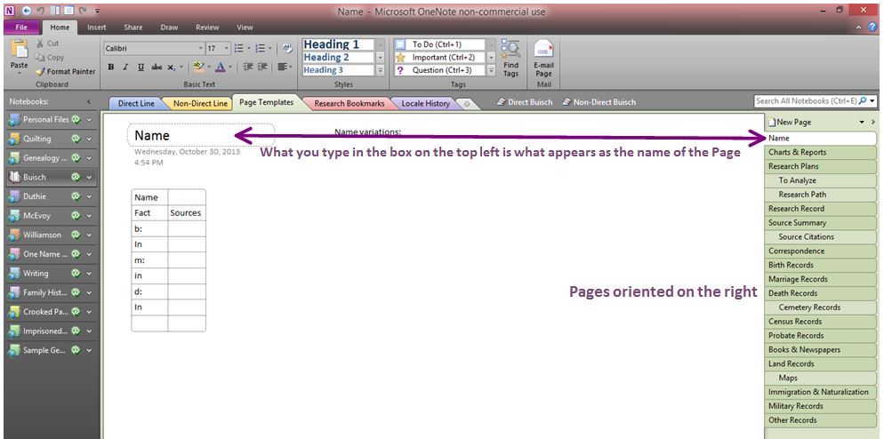 onenote show sections on left
