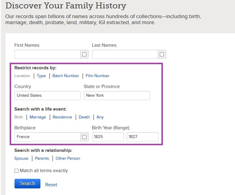 FamilySearch.org Search Page