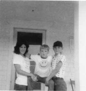 Erin, Kevan and Shawn Williamson [l to r] In front of Grandpa and Grandma Duthie's house New Brunswick, Canada 1972